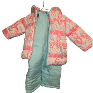 Carter's Pink and Aqua Patterned Kids Jacket And Snow Pant Set Size 12 Month